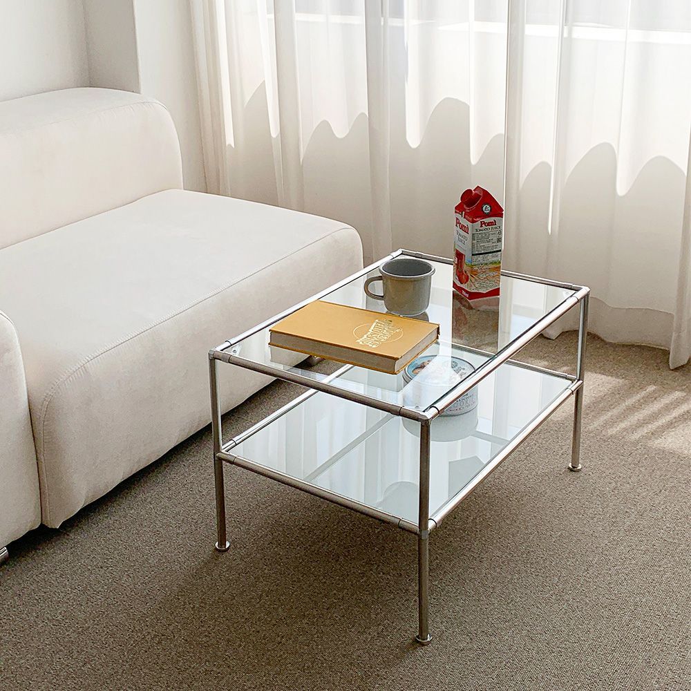 O'gre 2段 モジュール ガラス ローテーブル S シルバー 透明 ガラス