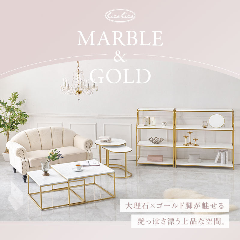 大理石調＆ゴールドフレーム ネストサイドテーブル [幅60] 角型