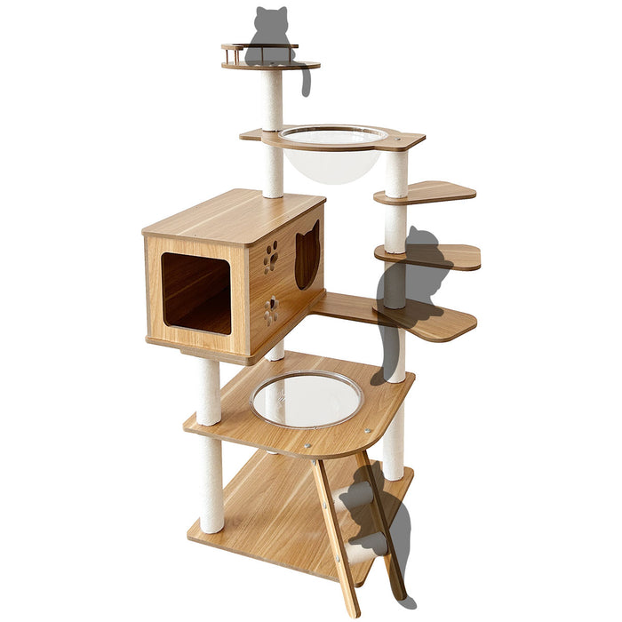 RAKU キャットタワー 木製 高さ約130.5cm 多ステップ 階段付き