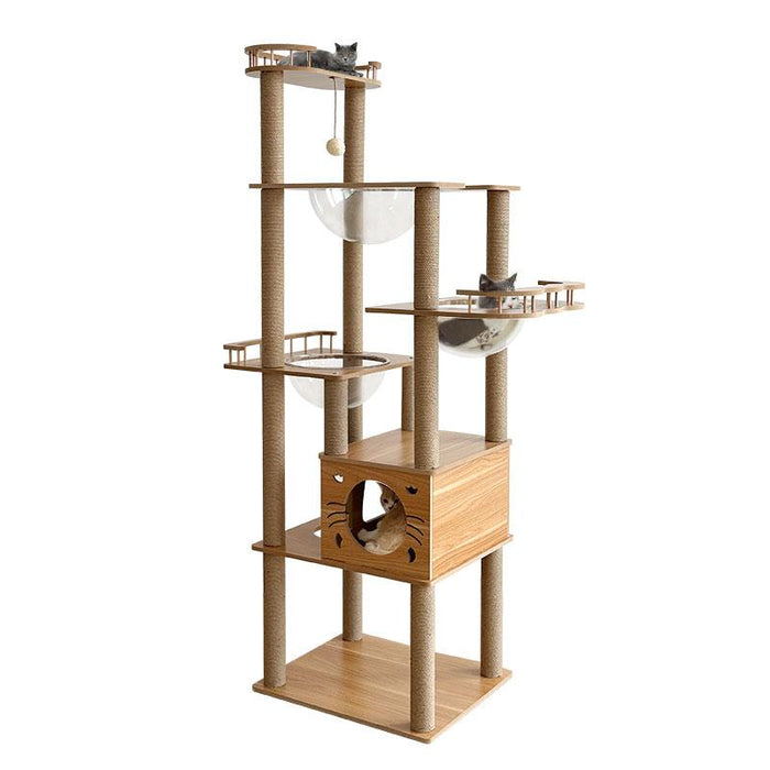 RAKU キャットタワー 高さ約184cm 木製 据え置き 多機能 爪とぎボール