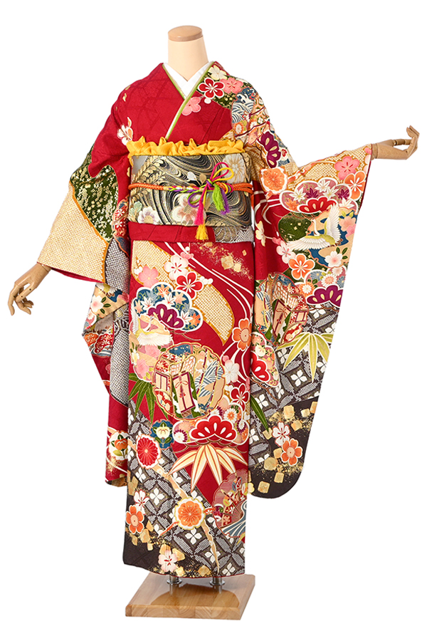 振袖レンタル 松竹梅鶴桜文様 赤色 Mサイズ A155｜京都きもの市場 着物