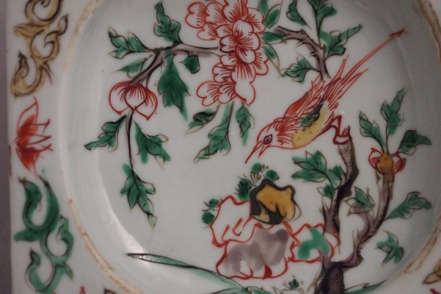 中国古美術・珍蔵粉彩・花鳥絵陶磁器の中皿・純手描き・木箱付・文房具