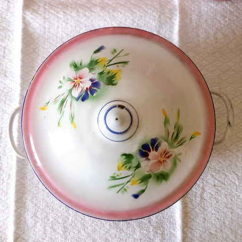 フランスJAPYジャピー社 アンティークホーロー両手鍋 ピンクローズ