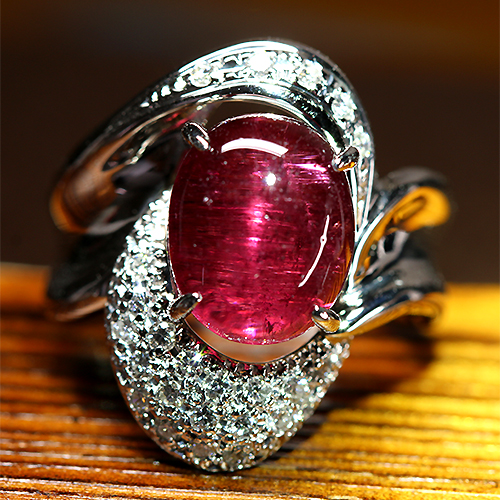 ピンクトルマリンキャッツアイ 6.3ct ダイヤモンド プラチナ リング