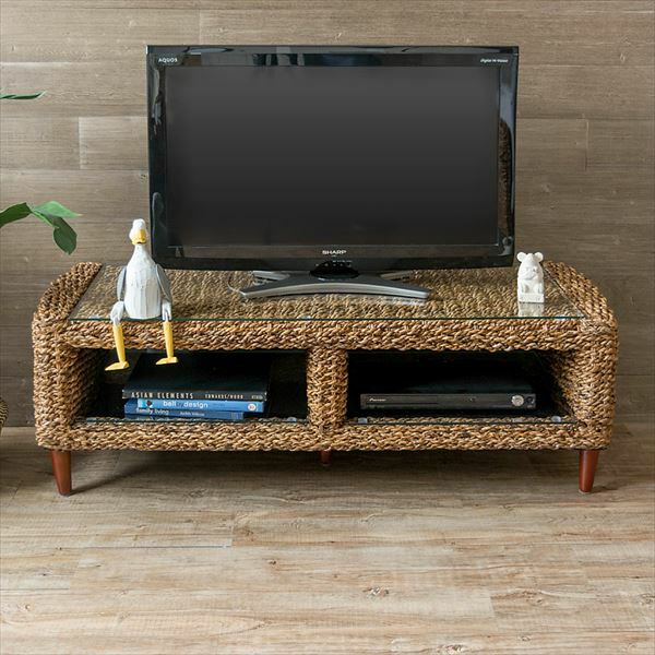 テレビ台 アバカ素材 強化ガラス天板 幅120cm 収納棚付き [96016