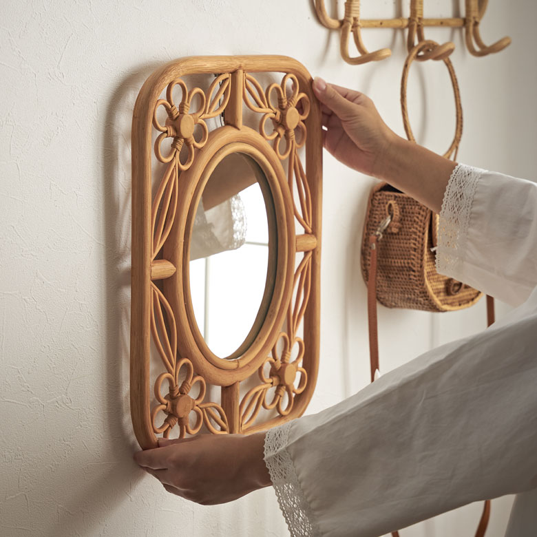 ミラー 鏡 ラタン 籐 取り付け用フック付き 約 W 32.5cm D 2cm H 42cm