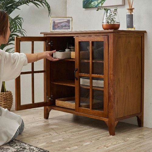 アンティーク風 木製 ガラス扉付き茶箪笥 アンティーク風 キャビネット