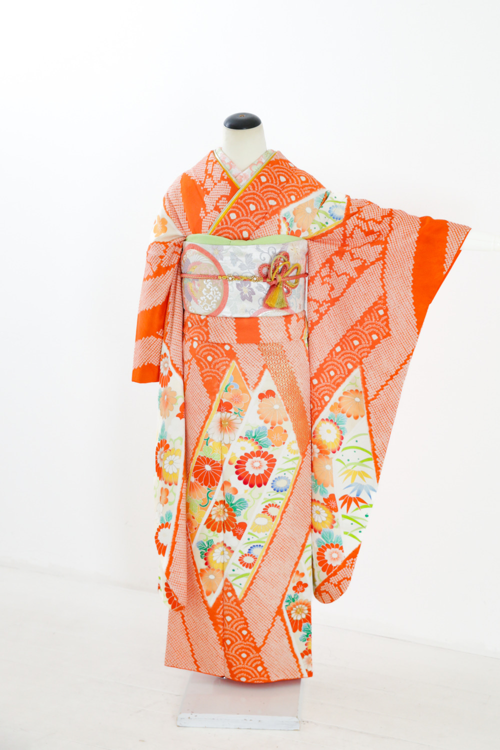 振袖 オレンジ 波模様 花柄 金 オレンジ 振袖 波模様 橙 桜振袖 振袖