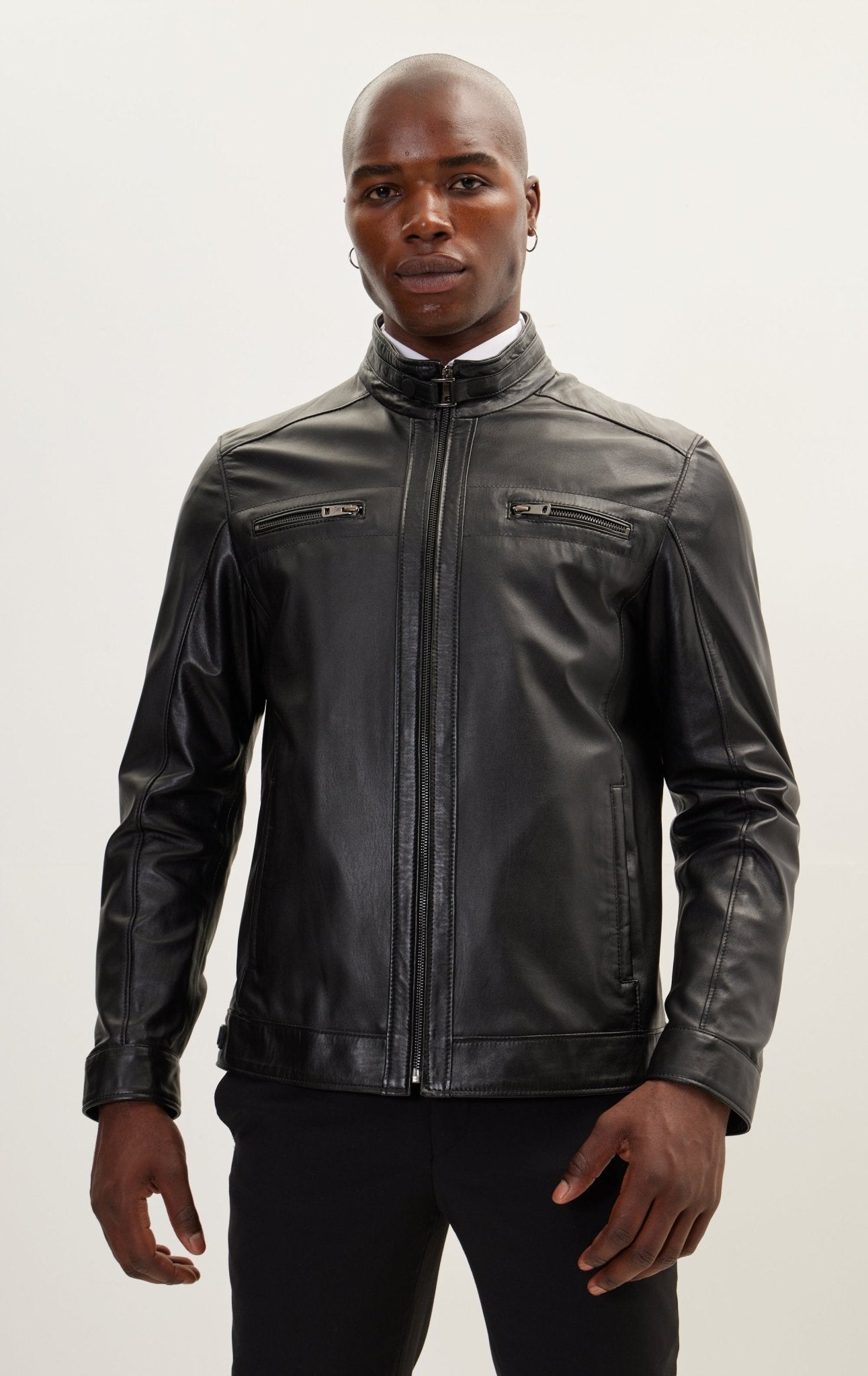 Cafe Racer Leather Jacket - Black - Ron Tomson