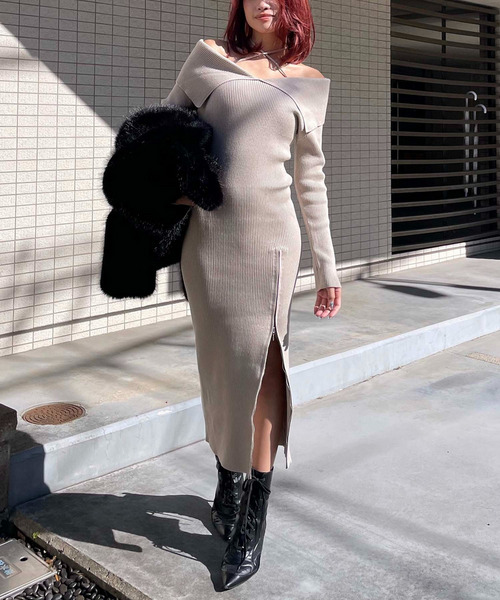 ビックカカラーオフショルロングニットワンピース｜SPIRALGIRL