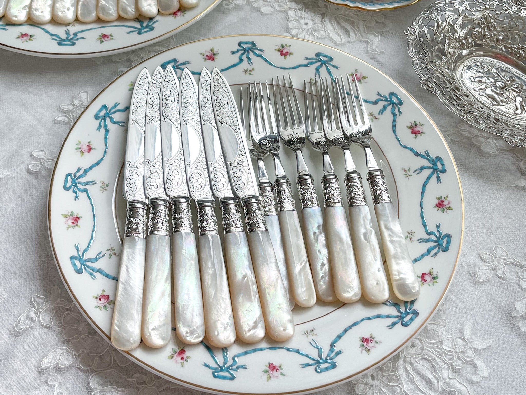 白蝶貝 純銀 デザートカトラリーセット イギリス アンティーク ナイフ