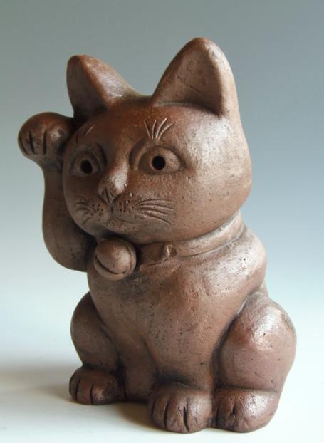 城南骨董-古備前焼 置物 猫 右招き猫 1095