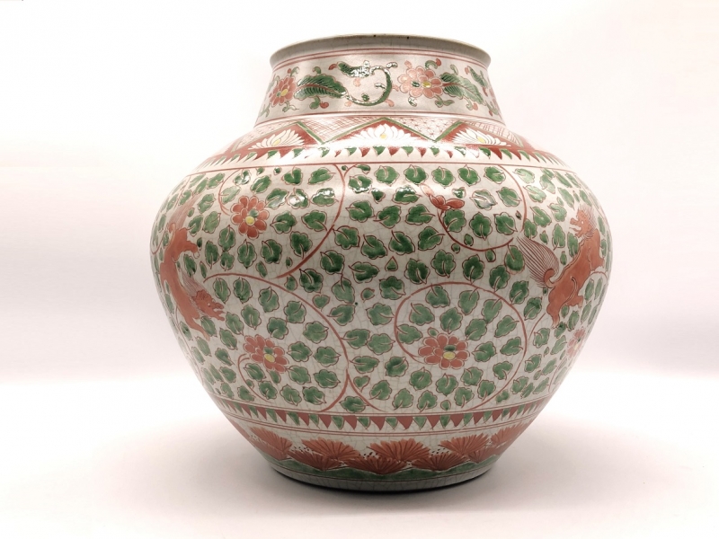 南京赤絵大壺】 唐草花獅子文 胴径34cm 5.2kg 明朝末～清代 中国