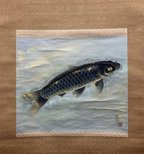 富取風堂／文部大臣賞受賞 松本楓湖師事「鯉」掛軸 紙本 金泥 富取風堂