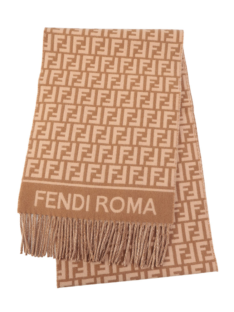 FENDI (フェンディ) カシミヤ混 ズッカ柄 総柄 フリンジ マフラー