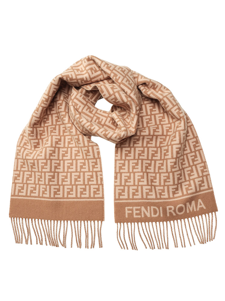 FENDI (フェンディ) カシミヤ混 ズッカ柄 総柄 フリンジ マフラー