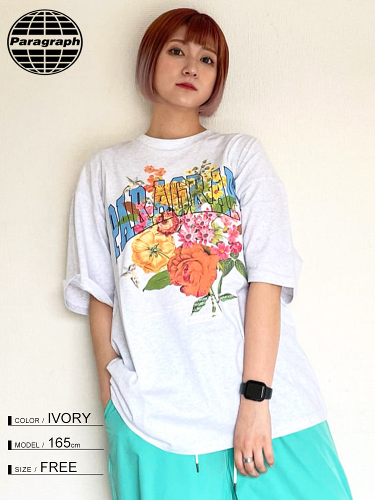 Paragraph (パラグラフ) 花柄プリント クルーネック 半袖 Tシャツ