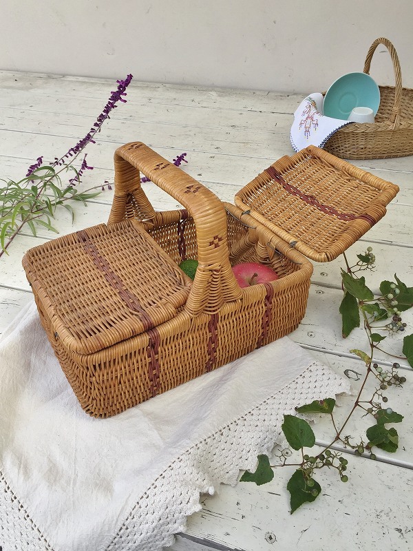 布花付きピンクドールパニエ フランスアンティーク かごカゴ籠