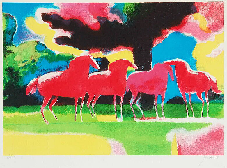 真作夕焼けの乗馬／リトグラフ ポール・ギヤマン87/175 真作夕焼けの