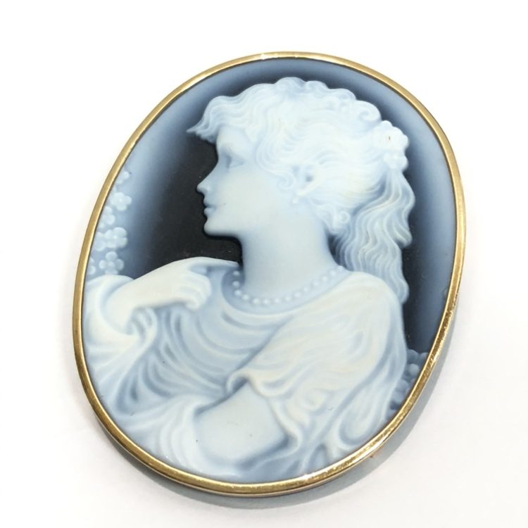 カメオ ブローチ 瑪瑙 天然石 緑 K18(18金) ゴールド 06ar