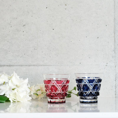 島津薩摩切子】 創作 冷酒グラス cut01金赤×藍セット – ㈱島津興業