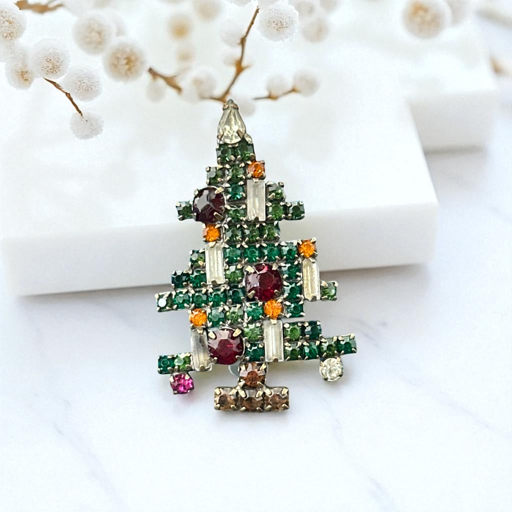 Vintage 1950s Rhinestone 5 Candles Christmas Tree Brooch