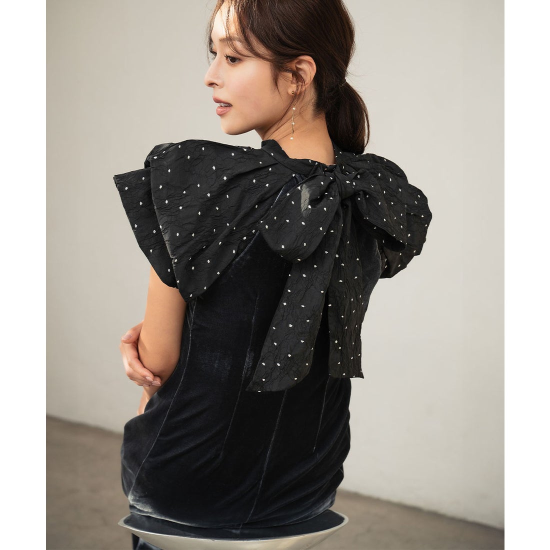 ガール GIRL ドットバルーンスリーブ ドレープ ベロア Iライン ロング