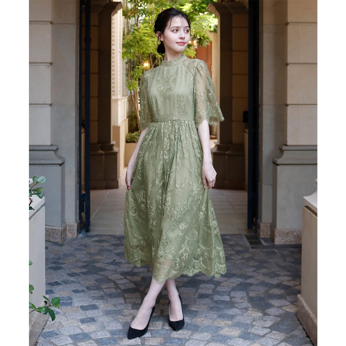 ガール GIRL ハイネック5分袖総レース フレア ロング 結婚式