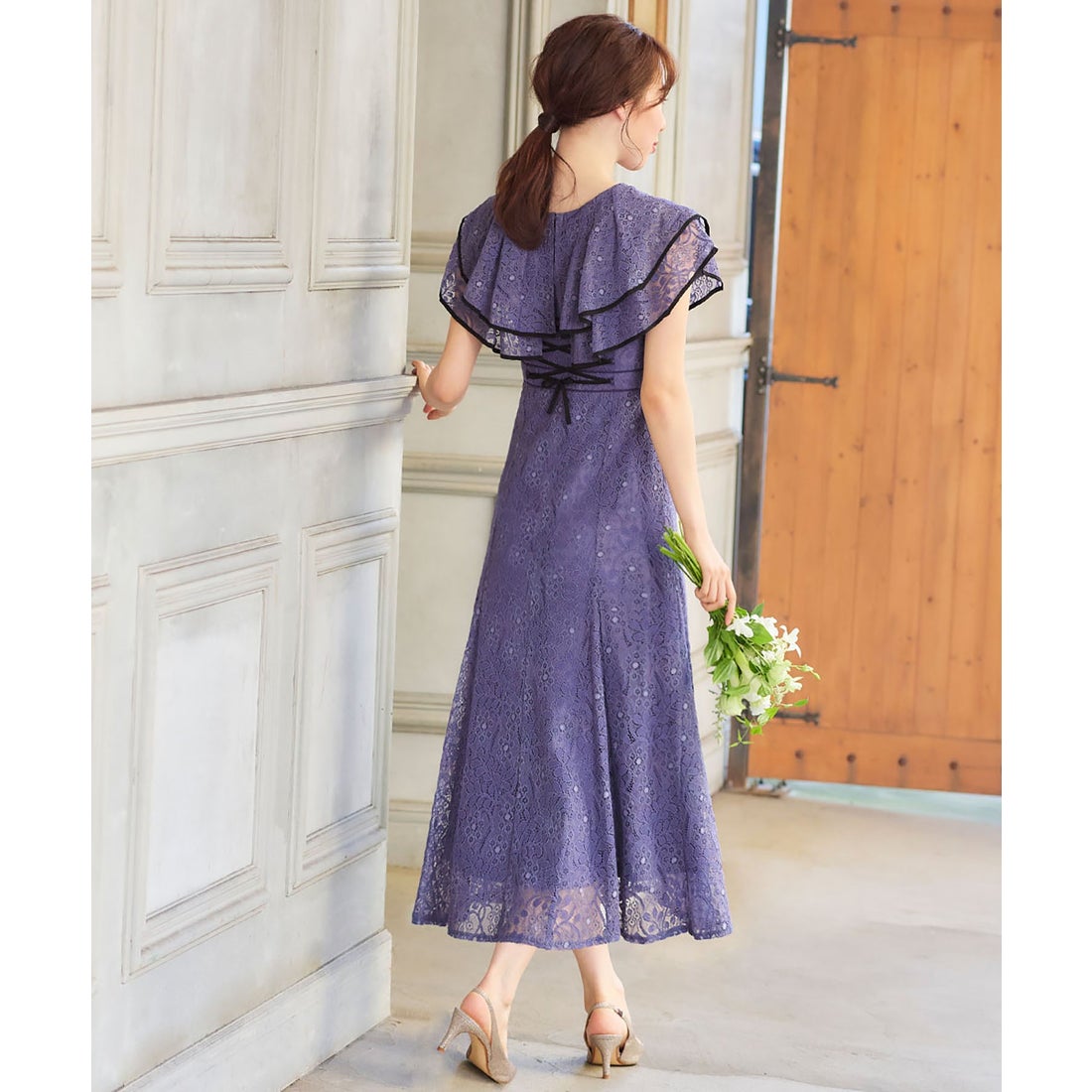 ガール GIRL ラッフルカラー総レース フレア ロング 結婚式 ワンピース