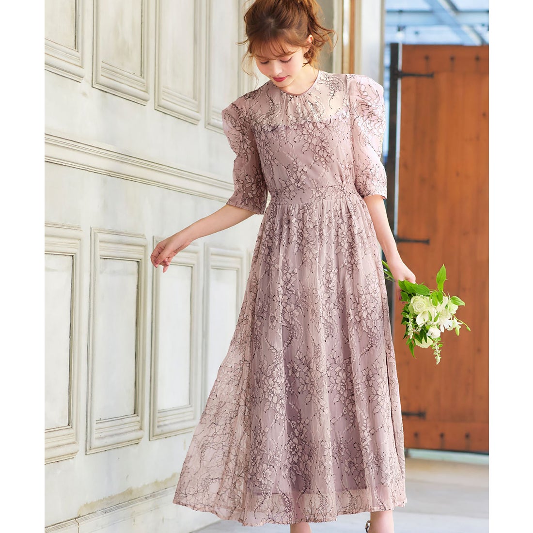 ガール GIRL パフスリーブ総レース フレア ロング 結婚式 ワンピース