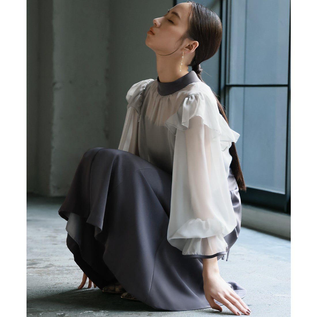 etoll シアーブラウス&マーメイドキャミワンピ パーティードレスM