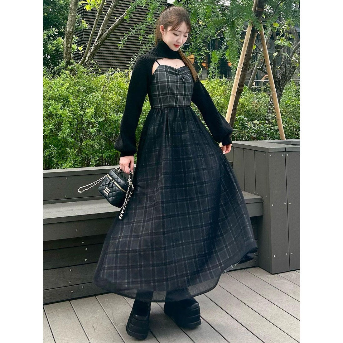 チェステイ ブラック 膝上 フリルワンピース スカラップフリルチェック