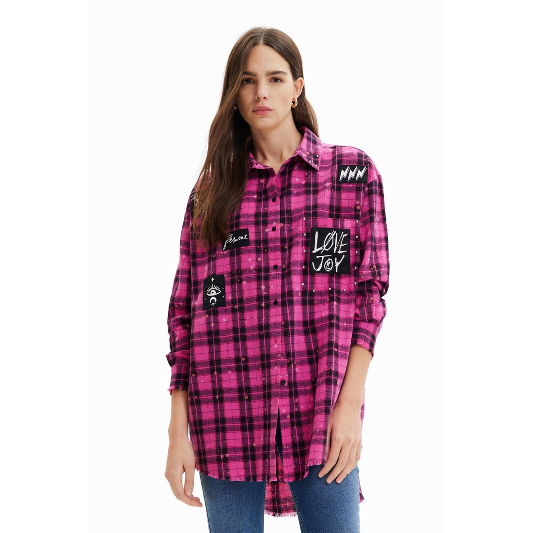 デシグアル Desigual オーバーサイズ チェックシャツ （ピンク/レッド