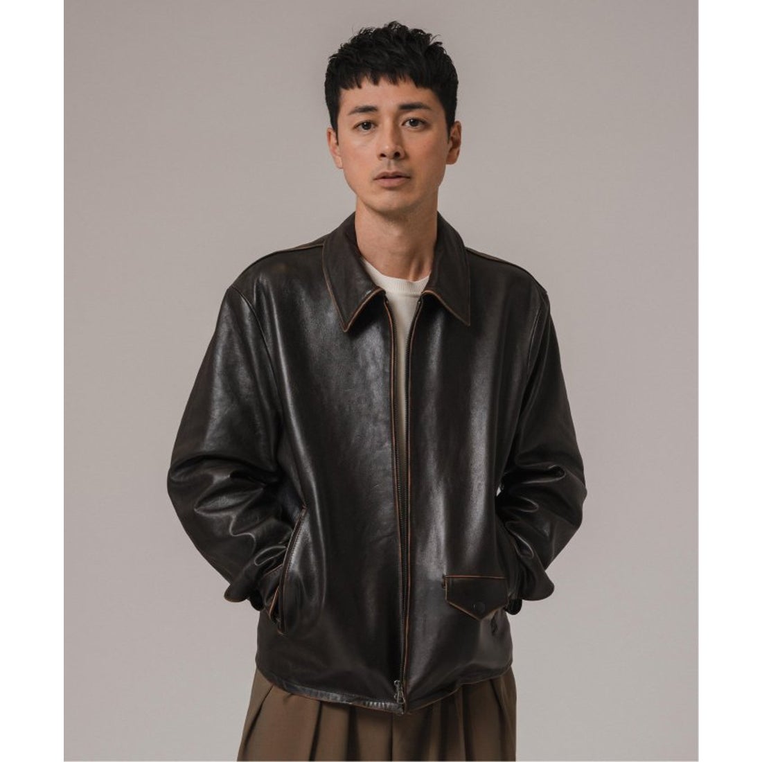 EDIFICE ラムレザーライダースレザージャケットエディフィスブラウン