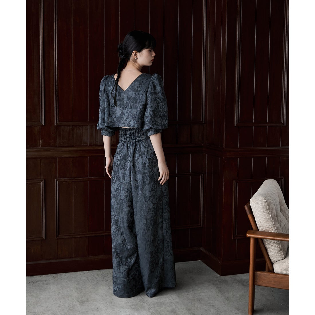 エトル etoll. ジャガードクロップブラウス＆タックワイドパンツ