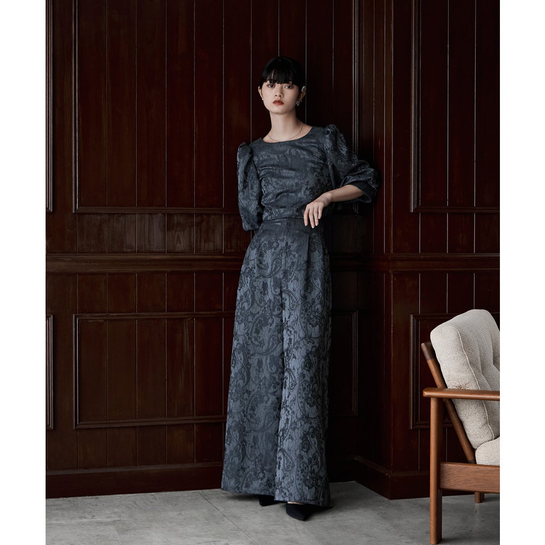 エトル etoll. ジャガードクロップブラウス＆タックワイドパンツ