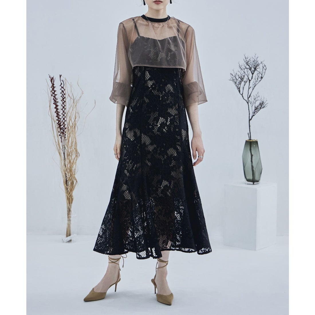 エトル etoll. 3wayシフォンボレロ&レースキャミドレス （ブラック