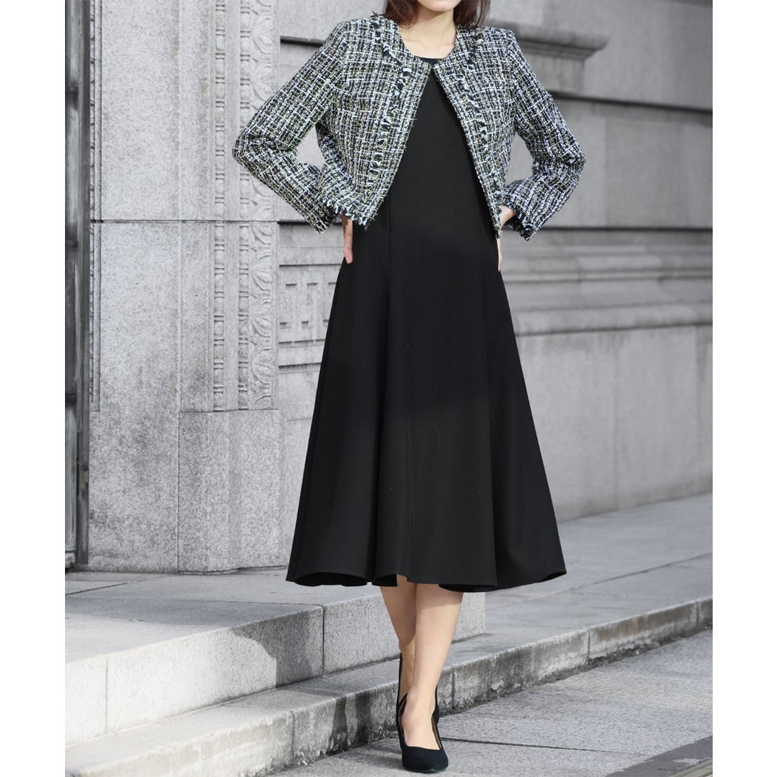 フロリア Flolia ツイードノーカラージャケット フレアワンピース