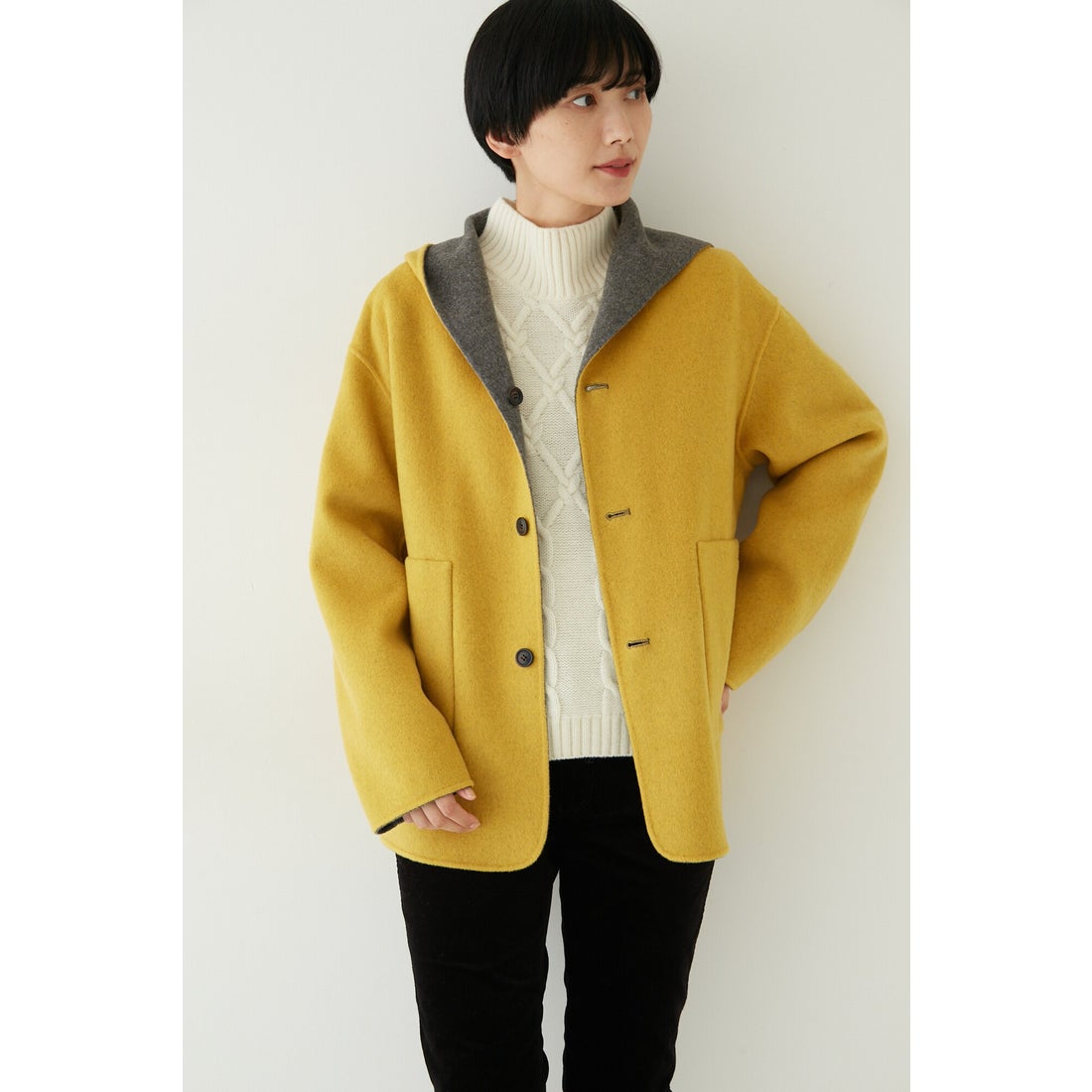 human woman ◇メルトンバイカラーショートコート トップグレー