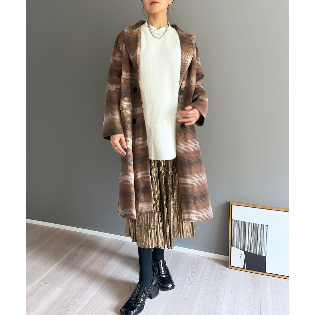 ジュエローブ Jewelobe オンブレチェックチェスターコート （ブラウン