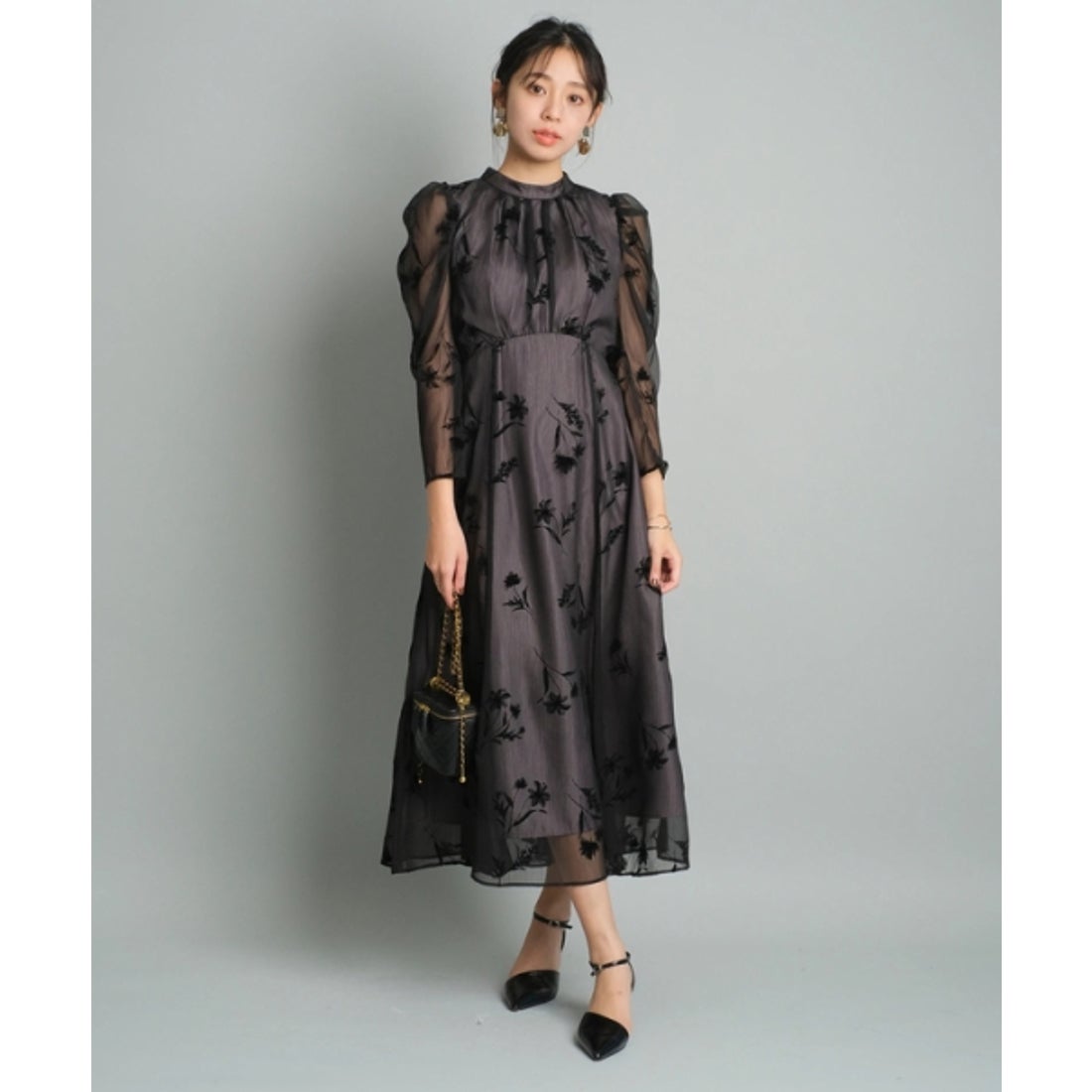 ジャスグリッティー JUSGLITTY フロッキープリントワンピース （黒