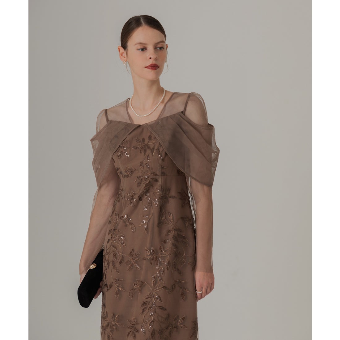 LEJA】チュールロングスリーブリーフ ラインドレスワンピース ブラウン