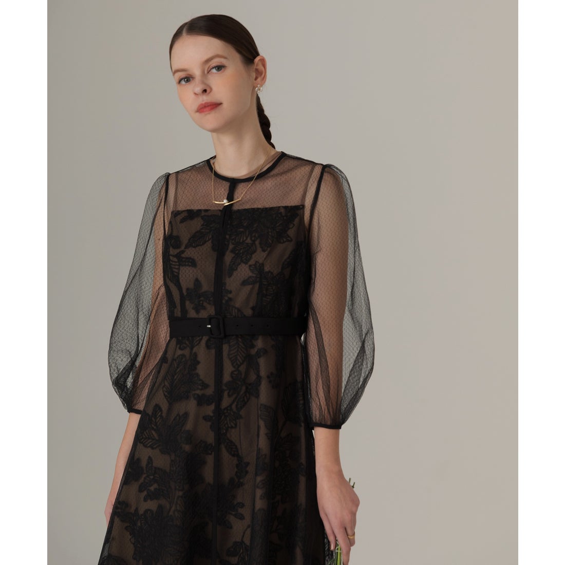 レジャ Leja チュールパイピングリーフベルトAラインドレスワンピース