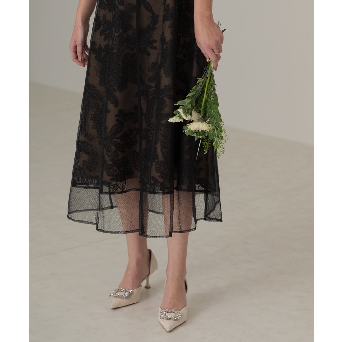 レジャ Leja チュールパイピングリーフベルトAラインドレスワンピース