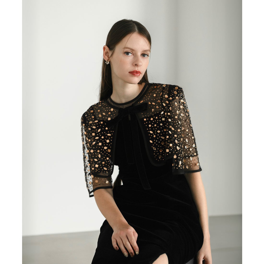 レジャ Leja ビジューストーンボレロベロアスリットIラインドレス