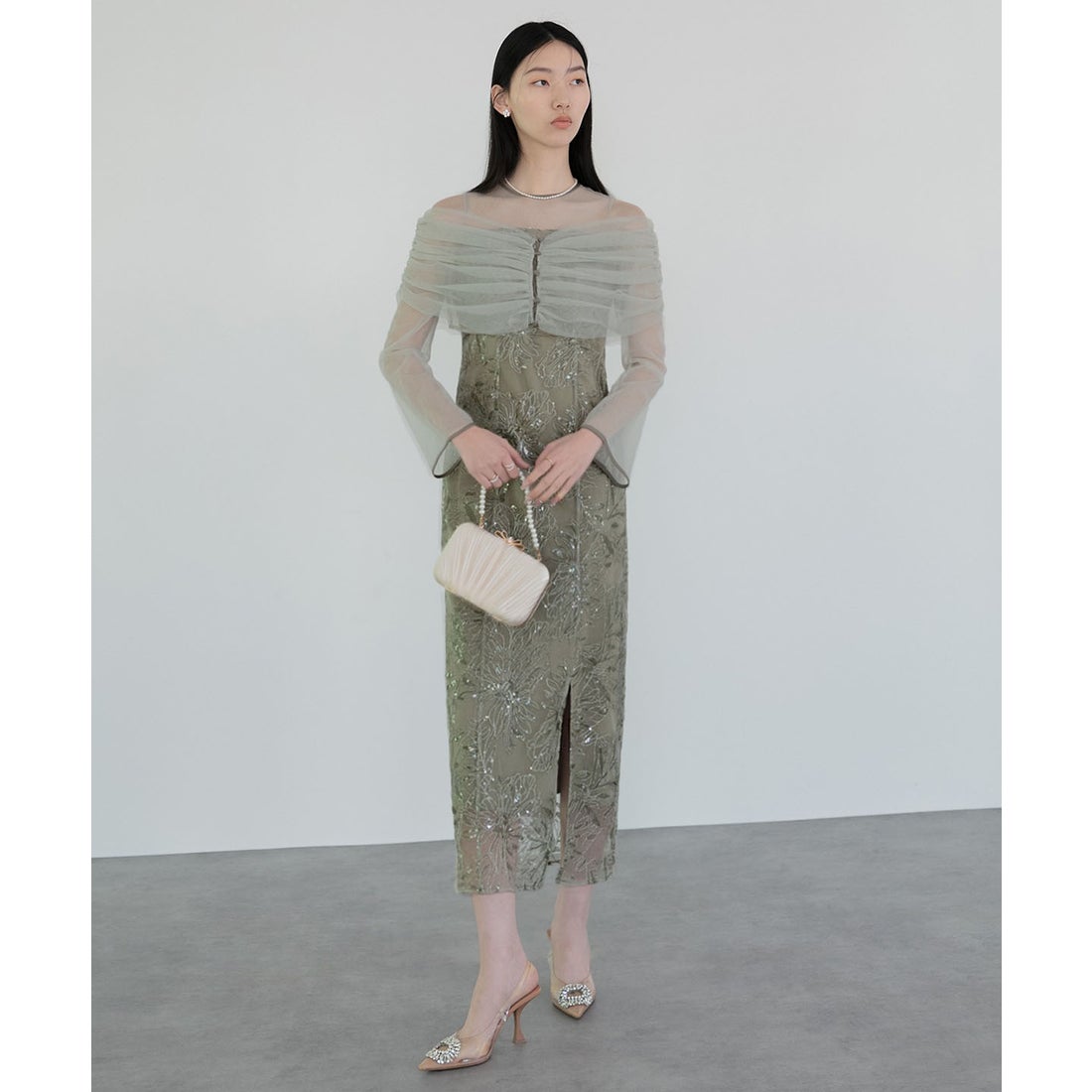 レジャ Leja チュールオフショルダー花柄Iラインドレスワンピース美脚