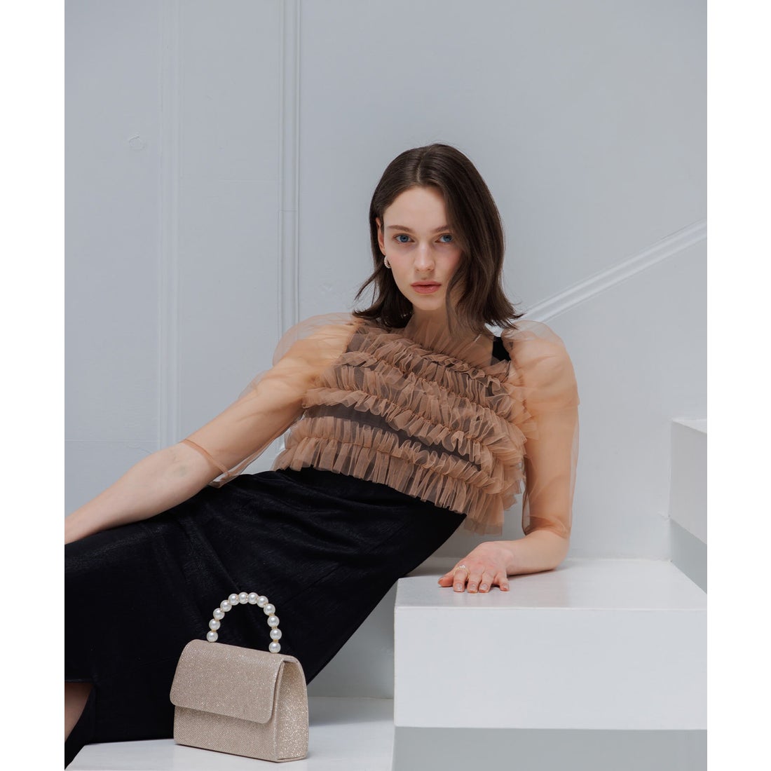 レジャ Leja チュールアシンメトリーティアードフリルIラインドレス2点