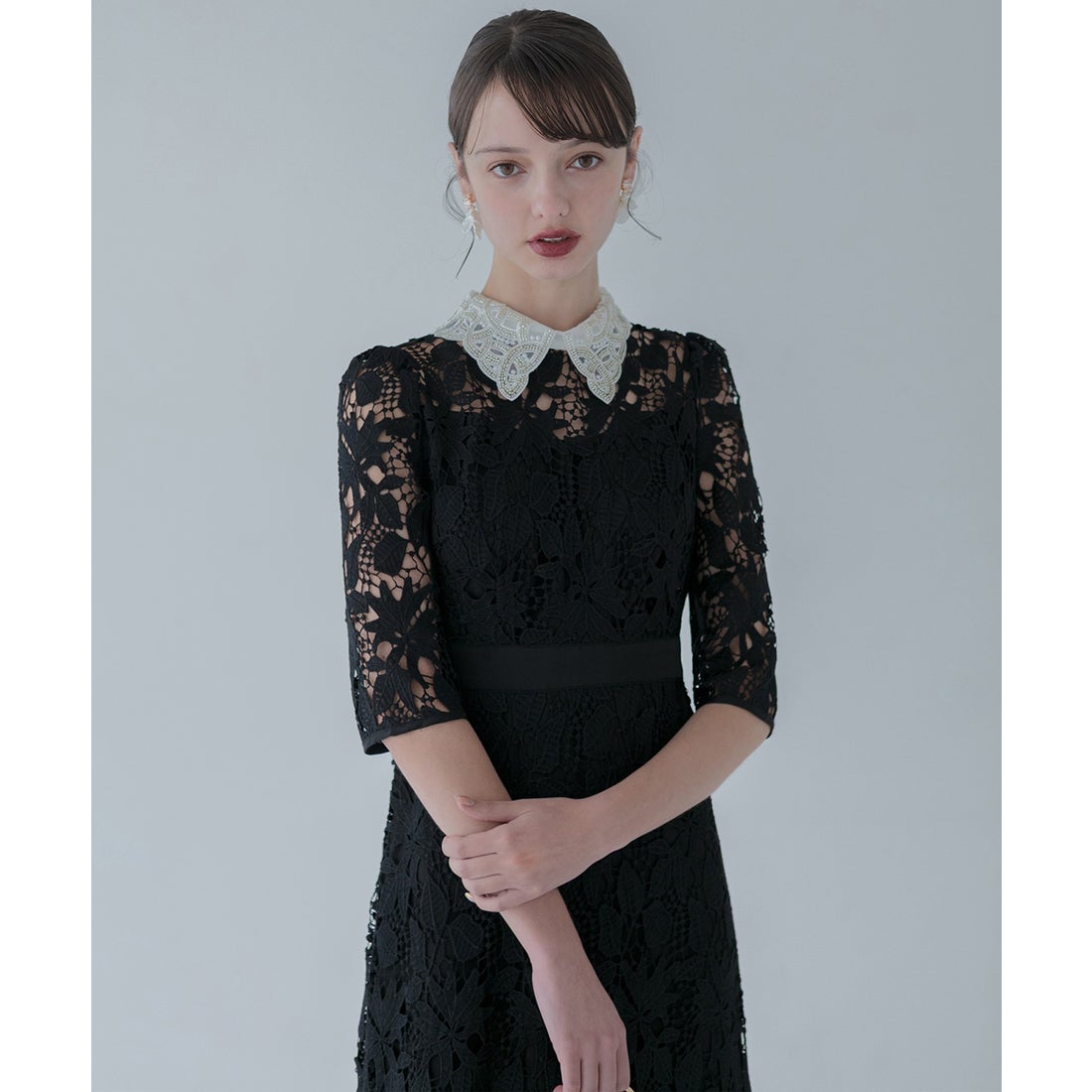 レジャ Leja 花柄レースビジューカラーAラインドレスワンピース美脚