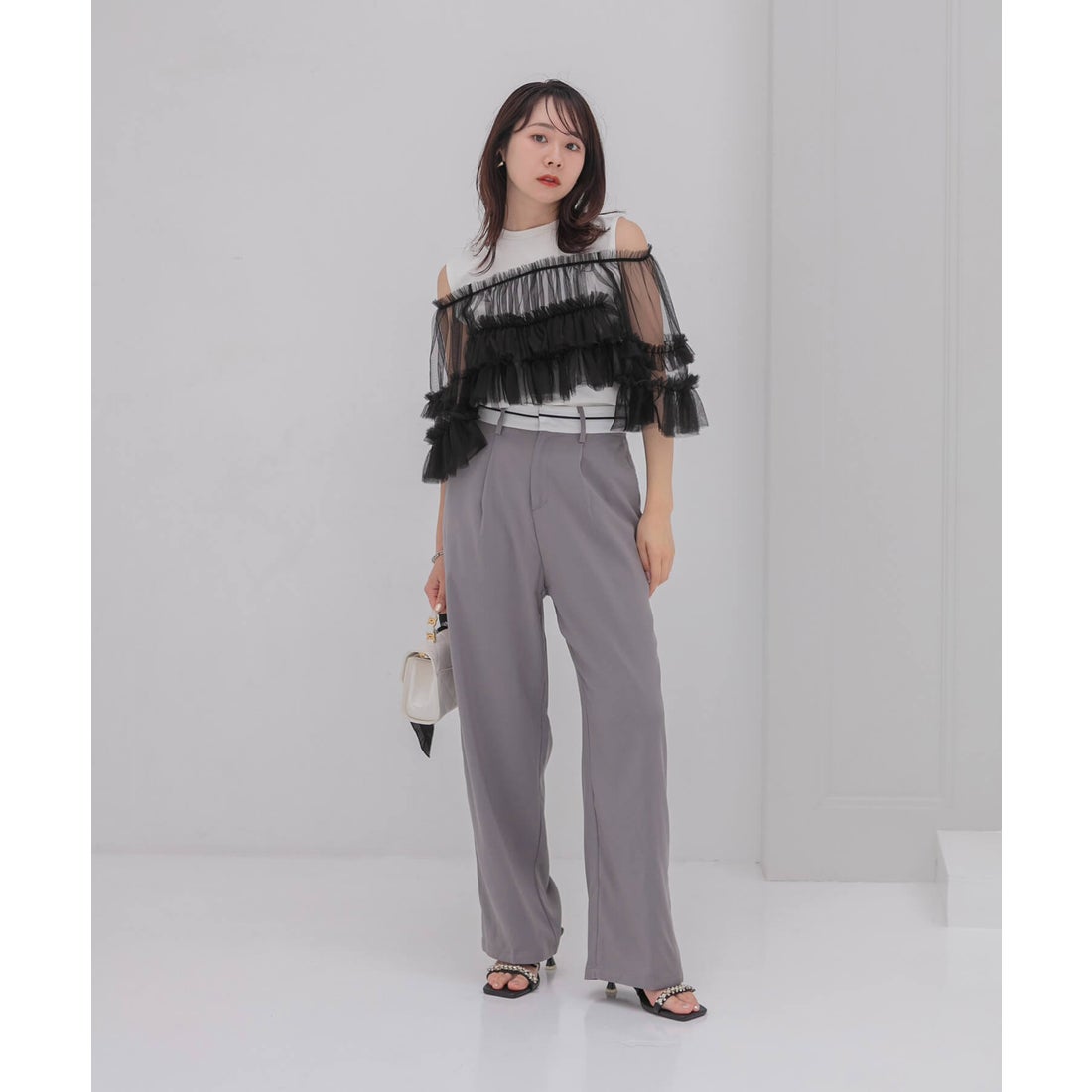 レジャ Leja チュールフリルオフショルダースパンコールIラインドレス