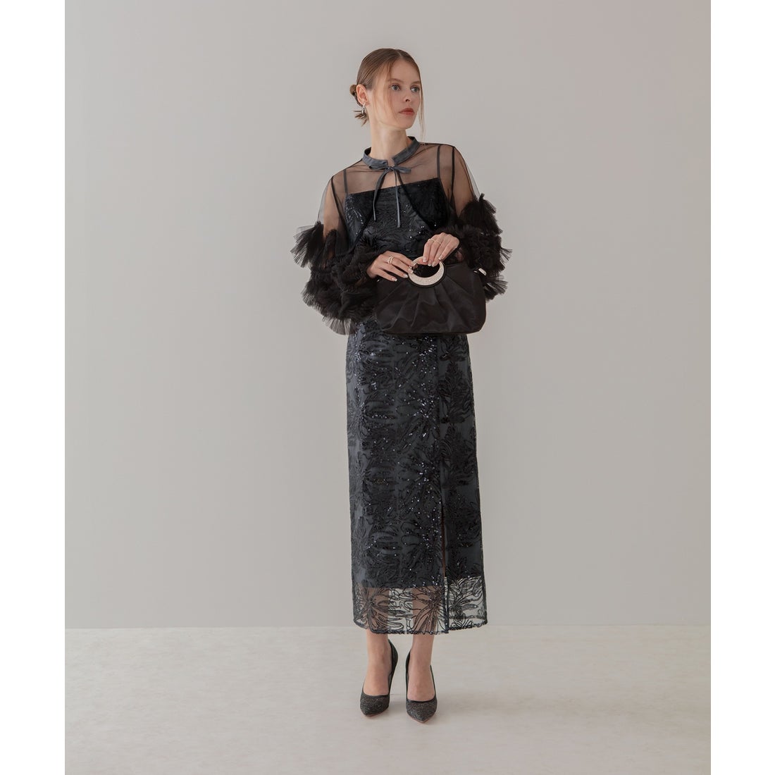 レジャ Leja フリルチュールスリーブリボンIラインワンピースドレス2点